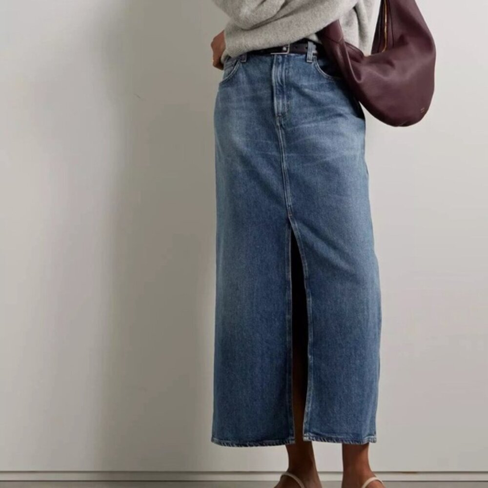 NWT AGOLDE Anthropologie Leif Denim Maxi Jean Skirt Swing Front Slit Sizeโ 27